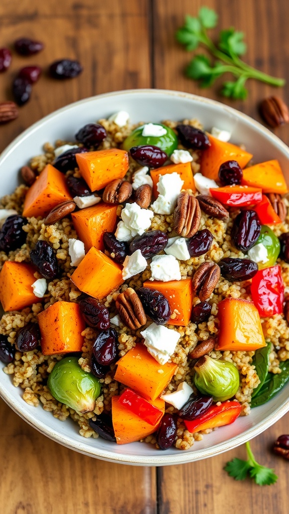 A vibrant quinoa harvest salad with roasted vegetables, dried cranberries, and nuts on a rustic wooden table.